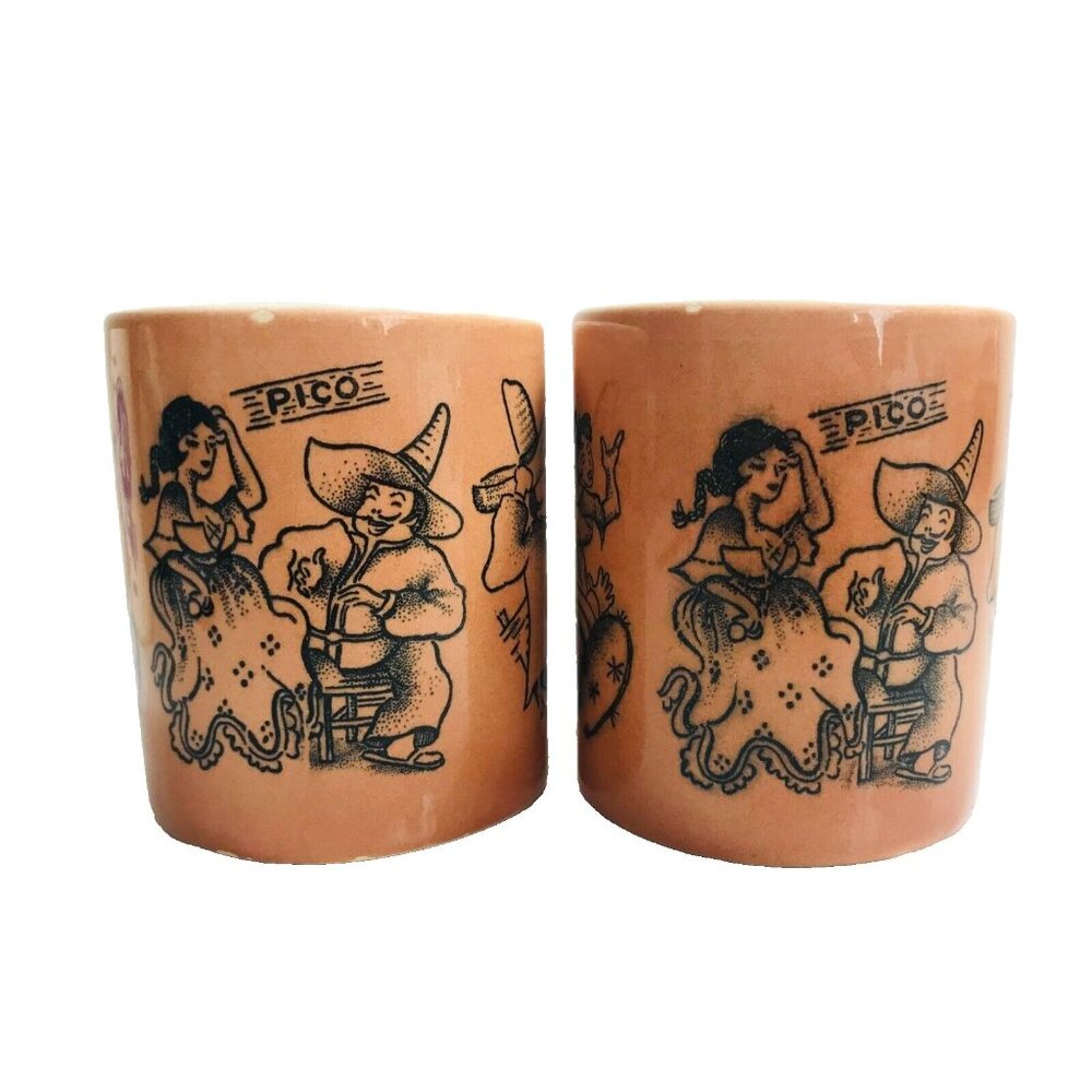 Vintage Senor Pico Naughty Pottery Mugs Trader Vics Restaurant 1971 Pair Cups
